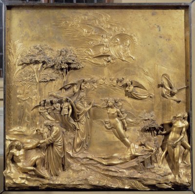 Aadamin elämän historia: Aadamin syntymä, Eevan luominen ja Aadam ja Eeva metsästävät paratiisista. Paratiisin oven alkuperäinen paneeli tekijältä Lorenzo Ghiberti