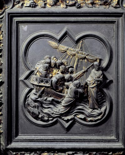 Jeesus kävelee veden päällä ja pelastaa Pietarin, kahdeksas paneeli San Giovannin kastekappelin pohjoisista ovista, 1403-24 (pronssi) tekijältä Lorenzo Ghiberti