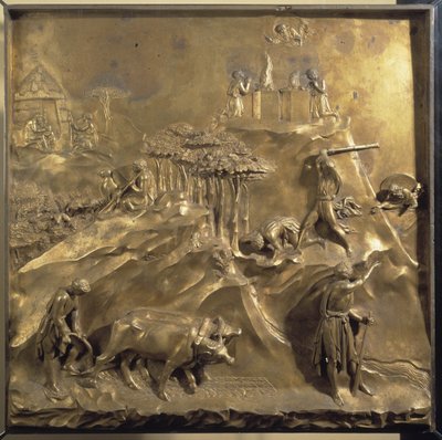 Kainin ja Abelin elämä: uhri, Abelin murha ja Kainin karkottava Jumala. Paratiisin oven alkuperäinen paneeli tekijältä Lorenzo Ghiberti