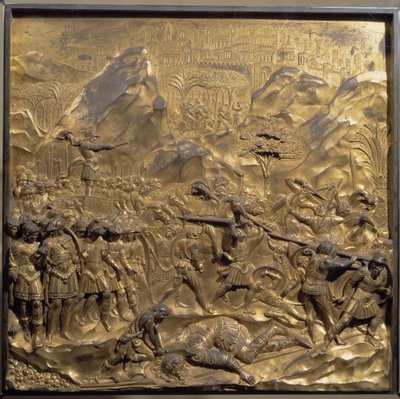 Daavidin ja Goljatin elämä: esitys israelilaisten ja filistealaisten välisestä taistelusta ja jättiläisen Goljatin katkaisusta Eelan laaksossa tekijältä Lorenzo Ghiberti