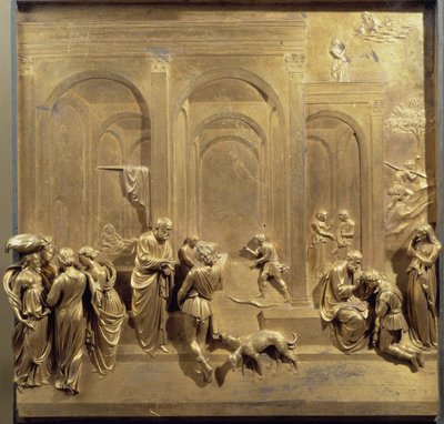 Jaakobin ja Esaun elämä: Esau myy esikoisoikeutensa ja Iisak siunaa Jaakobin. Paratiisin oven alkuperäinen paneeli tekijältä Lorenzo Ghiberti