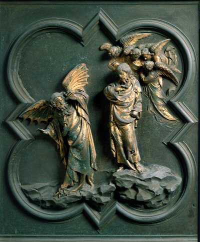 Pohjoinen portti (kutsutaan Ristin portiksi, pohjoisessa), ulkoinen yksityiskohta: "" Kristuksen kiusaus"" Lorenzo Ghibertin (1378-1455) tekemä pronssiveistos tekijältä Lorenzo Ghiberti