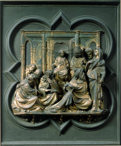 Pohjoinen portti (nimeltään Ristin portti, pohjoisessa), ulkoinen yksityiskohta: Jeesus lääkäreiden joukossa. Lorenzo Ghibertin (1378-1455) tekemä pronssiveistos tekijältä Lorenzo Ghiberti