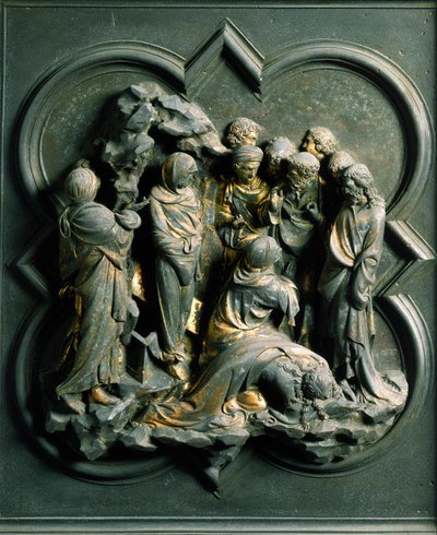 North Porte (kutsutaan Ristin portiksi, pohjoisessa), ulkoinen yksityiskohta: "" Lasaruksen ylösnousemus""" Lorenzo Ghibertin (1378-1455) tekemä pronssiveistos tekijältä Lorenzo Ghiberti