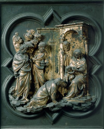 North Porte (nimeltään Ristin portti, pohjoisessa), ulkopuoli: Maagien palvonta. Lorenzo Ghibertin (1378-1455) tekemä pronssiveistos tekijältä Lorenzo Ghiberti