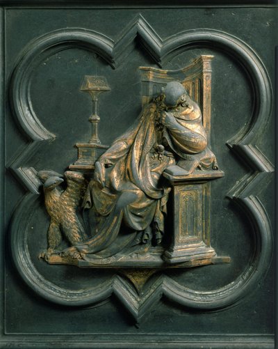 North Porte (nimeltään Ristin portti, pohjoisessa), ulkopuoli: Pyhän Johanneksen evankelista. Lorenzo Ghibertin (1378-1455) tekemä pronssiveistos tekijältä Lorenzo Ghiberti