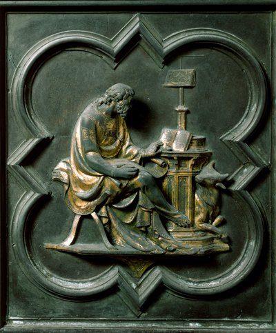 North Porte (nimeltään Ristin portti, pohjoisessa), ulkopuoli: Pyhän Luukkaan evankelista. Lorenzo Ghibertin (1378-1455) tekemä pronssiveistos tekijältä Lorenzo Ghiberti