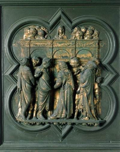 North Porte (nimeltään Porte de la Croix, pohjoisessa), ulkopuoli: "" Helluntai"" Pronssiveistos, jonka on tehnyt Lorenzo Ghiberti (1378-1455) tekijältä Lorenzo Ghiberti