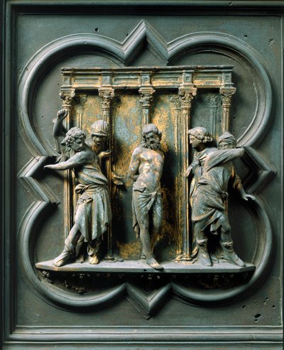 North Porte (nimeltään Porte de la Croix, pohjoisessa), yksityiskohta: "" la flagellation"" Pronssiveistos, jonka on tehnyt Lorenzo Ghiberti (1378-1455) tekijältä Lorenzo Ghiberti