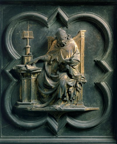 Pohjoinen portti (nimeltään Porte de la Croix, pohjoinen), ulkoasun yksityiskohta: Saint Ambrose. Lorenzo Ghibertin (1378-1455) pronssiveistos. tekijältä Lorenzo Ghiberti