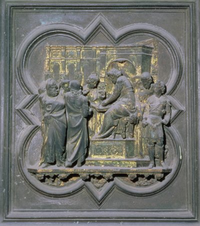 Pontius Pilatus pesee kätensä Kristuksen edessä, San Giovannin kastekappelin pohjoisten ovien kuudestoista paneeli, 1403-24 (pronssi) tekijältä Lorenzo Ghiberti