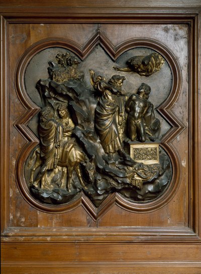 Lorenzo Ghibertin Isaac Basin uhraus kullattu pronssinen reliefi tekijältä Lorenzo Ghiberti