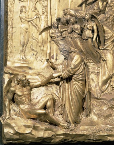 Aatamin tarina, yksityiskohta Aatamin luomisesta sekä Aatamin ja Eevan kiusauksesta, yhdestä kastekappelin itäovien alkuperäisestä taulusta, 1425-52, kullattu pronssi, restauroinnin jälkeen. tekijältä Lorenzo Ghiberti