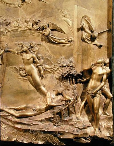 Aadamin tarina, yksityiskohta Eevan luomisesta ja karkoituksesta, yhdestä alkuperäisistä kastekappelin East Doors -paneeleista tekijältä Lorenzo Ghiberti