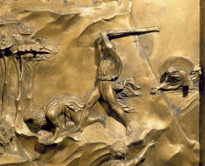 Kainin ja Aabelin tarina, yksityiskohta Aabelin tappamisesta, alkuperäinen paneeli kastekappelin itäovista, 1425-52, kullattu pronssi, restauroinnin jälkeen. tekijältä Lorenzo Ghiberti