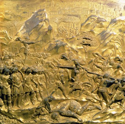 Daavidin ja Goljatin tarina, alkuperäinen paneeli kastekappelin East Doorsista, 1425-52 (kullattua pronssia) (kunnostuksen jälkeinen) tekijältä Lorenzo Ghiberti