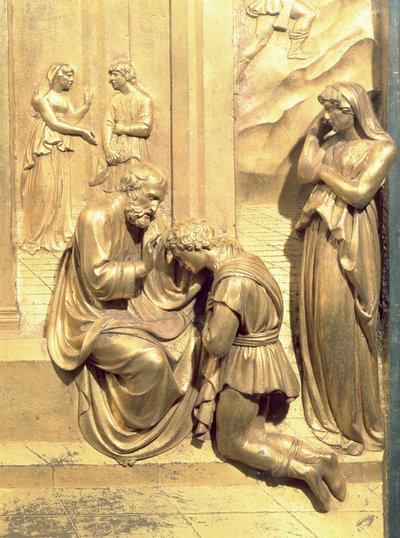 Jaakobin ja Eesaun tarina, yksityiskohta Iisak siunaa Jaakobia, alkuperäisestä paneelista kastekappelin itäovista, 1425-52, kullattu pronssi, restauroinnin jälkeinen restaurointi tekijältä Lorenzo Ghiberti