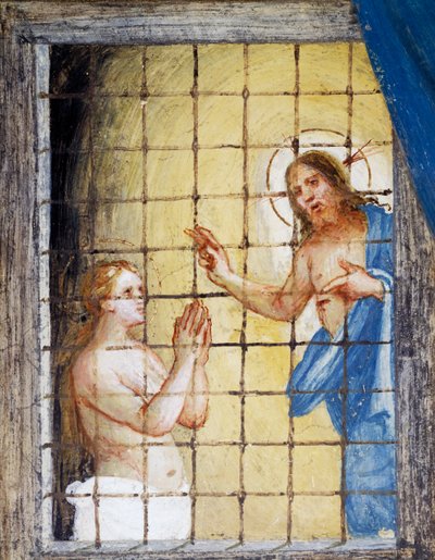 Kristus vierailee Pyhän Barbaran luona vankilassa ja parantaa hänet, yksityiskohta Saint Barbaran tarinoista tekijältä Lorenzo Lotto