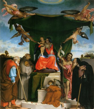 Saksa: Thronende Madonna, Engel und Heilige Madonna lapsen, enkeleiden ja pyhimysten kanssa valtaistuimella tekijältä Lorenzo Lotto