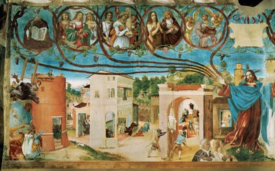 Capella Suardin vasen puoli, Santa Barbaran kirkko Bergamossa... (seinämaalaus) tekijältä Lorenzo Lotto