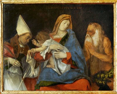 Madonna lapsen kanssa, pyhitetty piispa ja erakko Saint Onofrio ... tekijältä Lorenzo Lotto