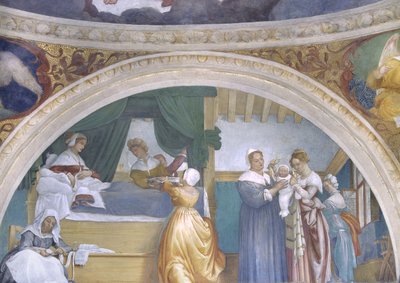 Neitsyt Marian syntymä, Loton kappelin lunetti, 1525. tekijältä Lorenzo Lotto