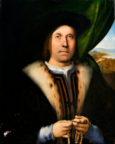 Muotokuva miehestä, jolla on rukousnauha, noin 1520 (öljy paneelille). tekijältä Lorenzo Lotto