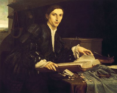 Muotokuva nuoresta herrasmiehestä työhuoneessaan tekijältä Lorenzo Lotto