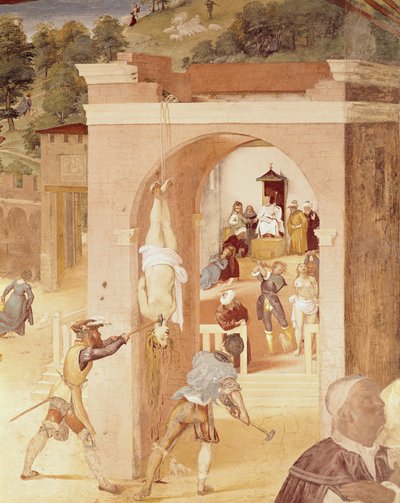 Kohtauksia Pyhän Barbaran elämästä, yksityiskohta Pyhästä Barbarasta, joka luovutettiin Rooman prelaatille Marcianille ja sitten kidutettiin, 1523-24 tekijältä Lorenzo Lotto