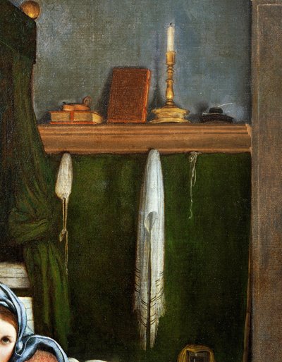 Hylly kynttelikköillä ja kirjoilla, yksityiskohta Marian ilmestyksestä, n. 1434, Lorenzo Lotto (1480-1556), öljy kankaalle tekijältä Lorenzo Lotto