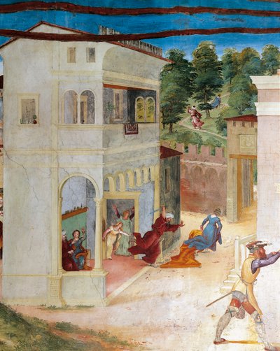 Isänsä hyökkäsi Pyhän Barbaran kimppuun, yksityiskohta Christ-Vinesta ja Lorenzo Lotto Legend of Saint Barbara (noin 1480 - 1556), fresko, yksityiskohta, Villa Suardi, Capella Suardi, Trescore Balneario tekijältä Lorenzo Lotto
