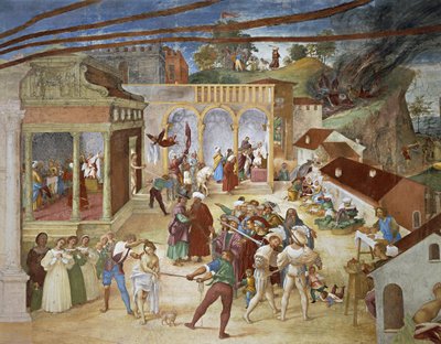 Santa Bàrbara conduïda pels carrers de la ciutat, detall de Christ-Vine i la llegenda de Santa Bàrbara de Lorenzo Lotto (vers 1480 - 1556), fresc, detall, Villa Suardi, Capella Suardi, Trescore Balneariofinnish tekijältä Lorenzo Lotto