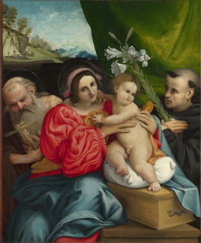 Neitsyt ja lapsi pyhien Jerome ja Nicholas of Tolentinon kanssa tekijältä Lorenzo Lotto