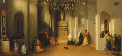 Saint Lucian kutsumus, ensimmäinen paneeli Saint Lucian alttaritaulusta tai Saint Lucia tuomarin edessä Lorenzo Lotto (1480 ca-1556), öljytaulu, 32x69 cm tekijältä Lorenzo Lotto