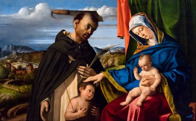Neitsyt ja lapsi, Johannes Kastaja lapsena ja Pietari marttyyri (Pierre de Véronne). tekijältä Lorenzo Lotto
