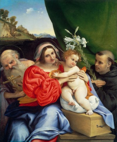 Neitsyt Maria ja lapsi sekä pyhät Hieronymus ja Nikolaus Tolentinolainen tekijältä Lorenzo Lotto