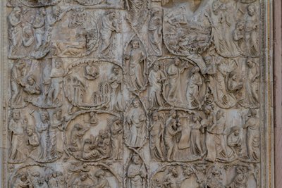 Jesse-puu ja messiaaniset profetiat, Genesiksen tarinat, Lorenzo Maitanin (ennen 1275-1330) bareljeefit, toinen pilari, Orvieton katedraalin julkisivu, Umbria, Italia tekijältä Lorenzo Maitani