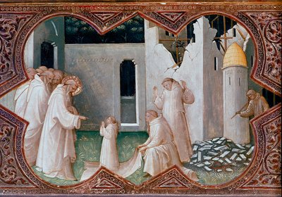 Neitsyen kruunauksen alttaritaulu: "Pyhä Benedict of Nursie herättää munkin henkiin" Detrempe puulla kirjoittanut Piero di Giovanni dit Lorenzo Monaco (1370-1424) 1413 Firenze, Uffizi-galleria tekijältä Lorenzo Monaco