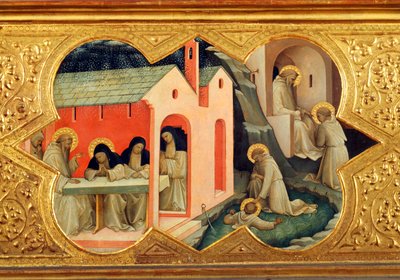 Pyhän Bernardinon ja Pyhän Benedictuksen historia, yksityiskohta Neitsyen kruunaamisen predellasta tekijältä Lorenzo Monaco