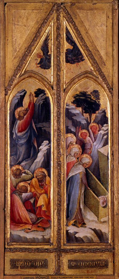 Jeesus Öljymäellä ja pyhät naiset Lorenzo Monacon diptyykkihaudalla (1365/70-1425). Mitat: 0,66 x 0,26 m. Pariisi, Musee du Louvre tekijältä Lorenzo Monaco