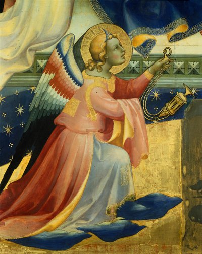 Polvistuva enkeli, yksityiskohta Lorenzo Monacon (noin 1370-1425) Neitsyt kruunaamisen keskipaneelista, paneelissa tempera ja kulta, 506x447, 5 cm tekijältä Lorenzo Monaco