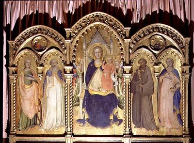 Madonna ja lapsi valtaistuivat SS:n kanssa. Lucy, John Gualberto, Benedict ja Catherine, polyptyykki 1413 tekijältä Lorenzo Monaco