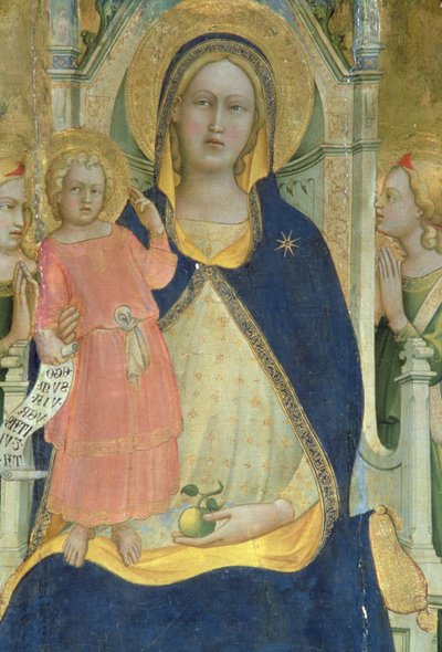 Madonna ja lapsi valtaistuimella pyhien kanssa, yksityiskohta Madonna ja lapsi, polytyykki, 1413 tekijältä Lorenzo Monaco