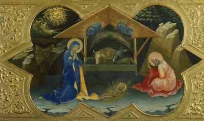Syntymä, kohtaus Lorenzo Monacon (n. 1370-1425) Neitsyt kruunaamisen predellasta, tempera taulussa, 32x53 cm tekijältä Lorenzo Monaco