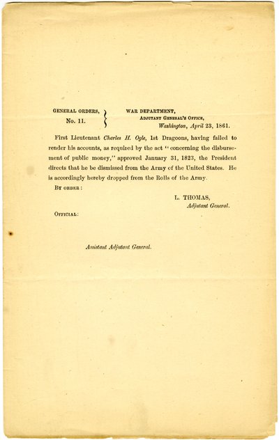 Yleiset määräykset, nro 11, sotaosasto, kenraali -adjutanttitoimisto, Washington, 23. huhtikuuta 1861 tekijältä Lorenzo Thomas