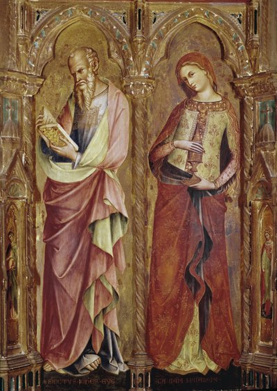 Pyhä Johannes Evankelista ja Pyhä Maria Magdaleena - Yksityiskohta Marian ilmestyksen polyptyykistä (1357, tempera ja kultalehti puussa) tekijältä Lorenzo Veneziano