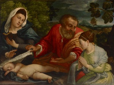 Pyhä perhe Donatrixin kanssa Pyhänä Katariina Aleksandrialaisena, n. 1540-1545 tekijältä Lorenzo attr. to Lotto
