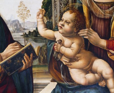 Jeesus-lapsi, yksityiskohta Madonna ja lapsi pyhien kanssa tekijältä Lorenzo di Credi