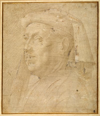 Miehen rintakuva, jolla on chaperon (metallipiste korotettu valkoisella paperilla) tekijältä Lorenzo di Credi
