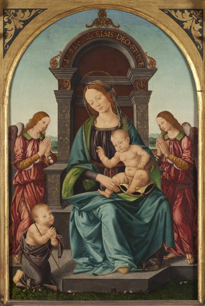 Madonna ja lapsi pikkulapsen Pyhän Johannes Kastajan ja kahden enkelin kanssa - Madonna ja lapsi lapsen Pyhän Johanneksen ja kahden enkelin kanssa, kirjoittanut Lorenzo di Credi (1459-1537). Öljy puulle. Koko: 66,5 x 43,5 cm. Tukholman kansallismuseo tekijältä Lorenzo di Credi